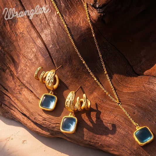 Wrangler Gold Plated Minimalist Pendant Necklace and Earrings Set