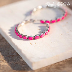 Rustic Couture's Silver Base Hot Pink Nature Stone Bead Hoop Earrings
