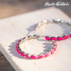 Rustic Couture's Silver Base Hot Pink Nature Stone Bead Hoop Earrings
