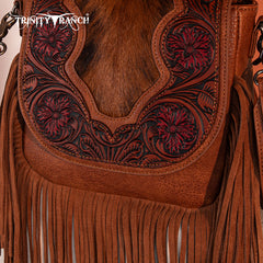 Trinity Ranch Genuine Hair-On Cowhide Tooled Fringe Crossbody Bag
