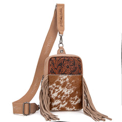 Trinity Ranch Genuine Hair-On Cowhide Tooled Fringe Sling Bag