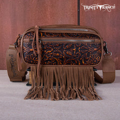 TR165-198 Trinity Ranch Floral Tooled Triple Zippered Pocket Fringe Belt Bag