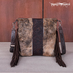 TR159G-9360 Trinity Ranch Hair-On Cowhide/Tooled Fringe Concealed Carry Crossbody Bag