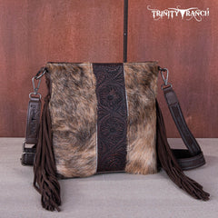 TR159G-9360 Trinity Ranch Hair-On Cowhide/Tooled Fringe Concealed Carry Crossbody Bag