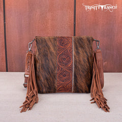 TR159G-9360 Trinity Ranch Hair-On Cowhide/Tooled Fringe Concealed Carry Crossbody Bag