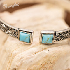 Wrangler Silver Western Natural Stone Engraved Cuff Bracelet