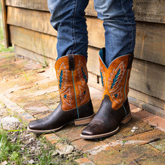 Men's Cracked Leather Embroidered Square Toe Western Boots