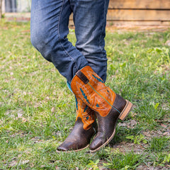 Men's Cracked Leather Embroidered Square Toe Western Boots