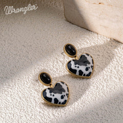 Wrangler Gold Cow Print Heart Shape Dangling Earrings