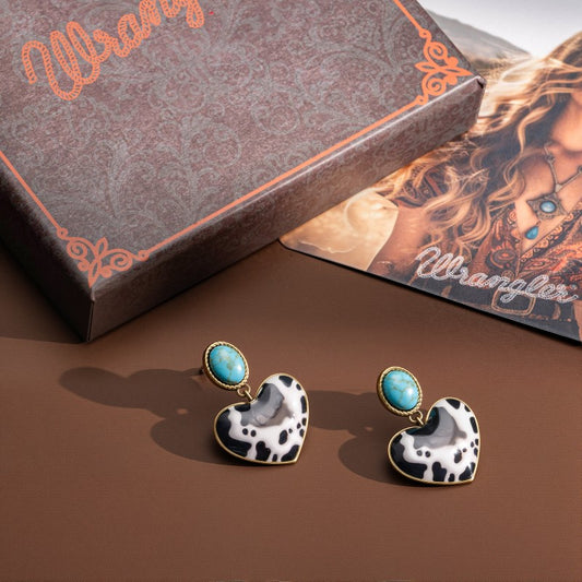 Wrangler Gold Cow Print Heart Shape Dangling Earrings