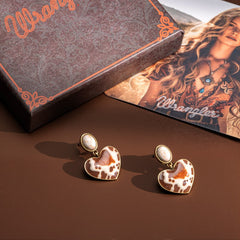Wrangler Gold Cow Print Heart Shape Dangling Earrings
