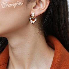 Wrangler Gold Cow Print Heart Shape Dangling Earrings