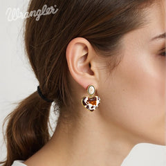 Wrangler Gold Cow Print Heart Shape Dangling Earrings