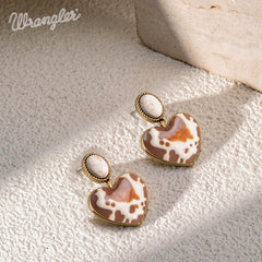 Wrangler Gold Cow Print Heart Shape Dangling Earrings