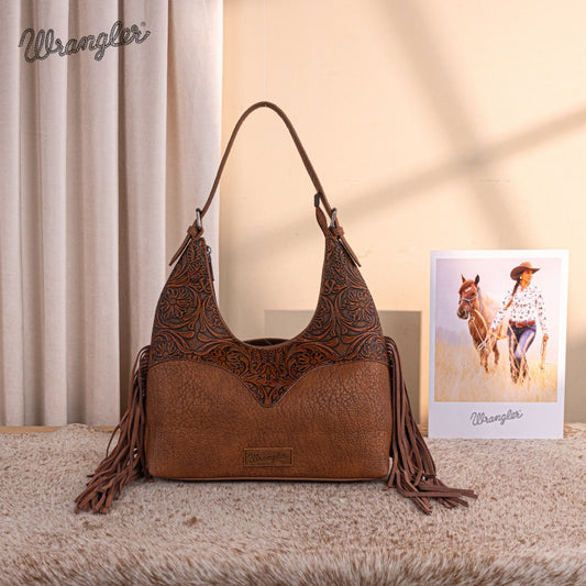 Wrangler Fringe Floral Tooled Hobo Bag