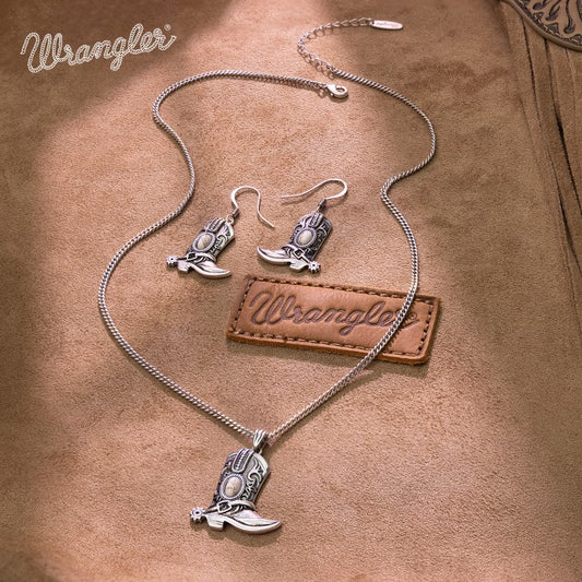 Wrangler Silver Boots Pendant Necklace Earrings Set