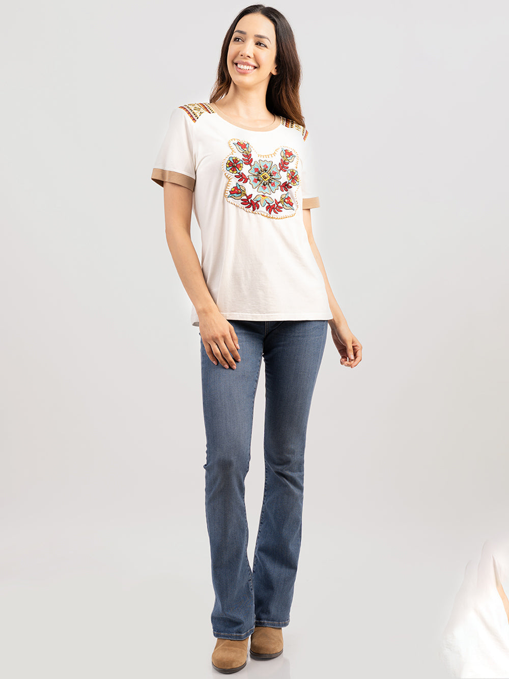 Women's Mineral Wash Floral Embroidered Patchwork Short Sleeve Shirt - Cowgirl Wear