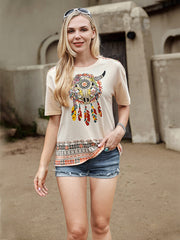 Retro OX And Aztec With Rhinestone Decoration Women's Short Sleeve T-Shirt - Cowgirl Wear