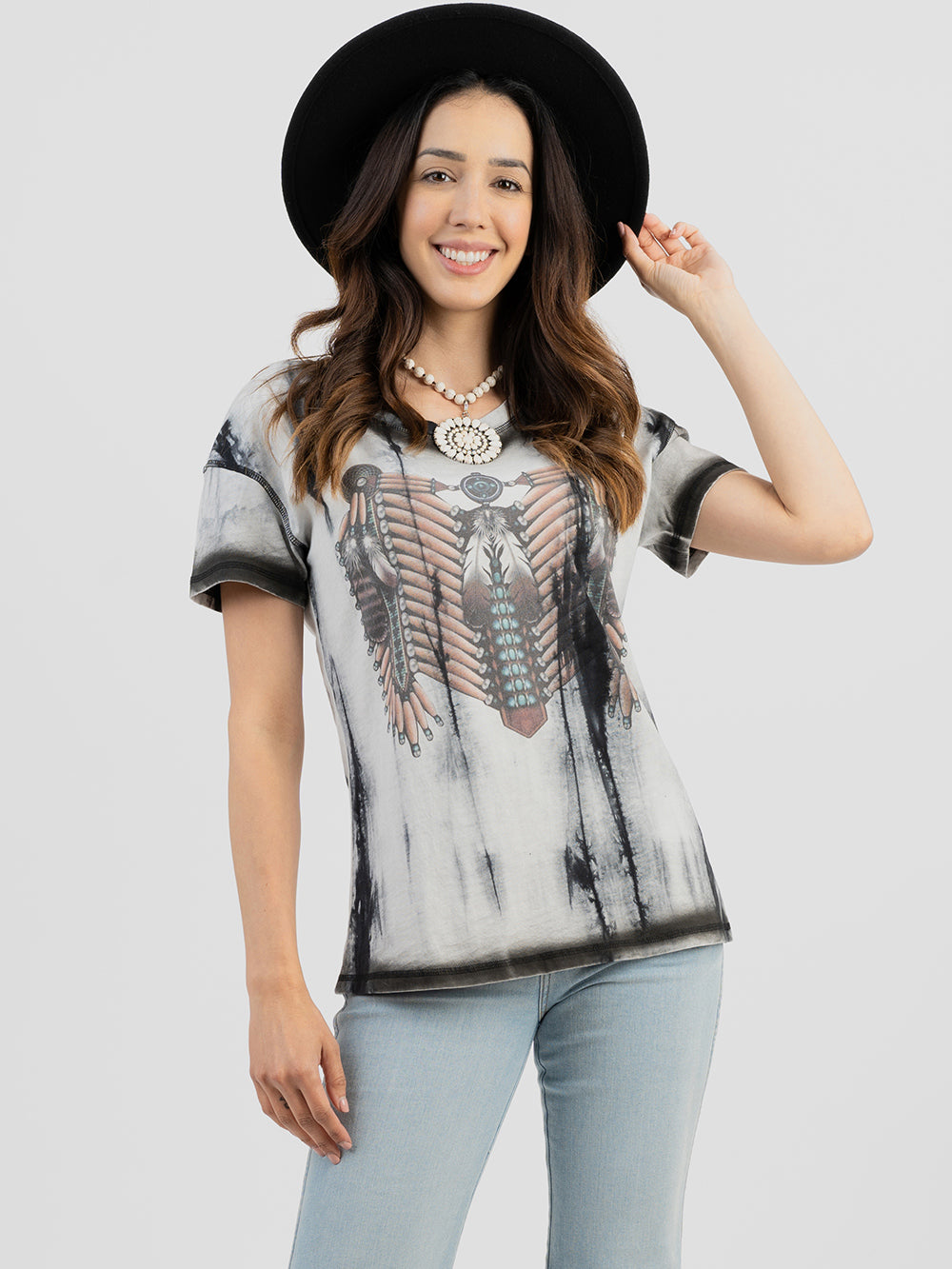 Women's Mineral Wash Constrat Stitched Tribal Feather Graphic Short Sleeve Tee - Cowgirl Wear