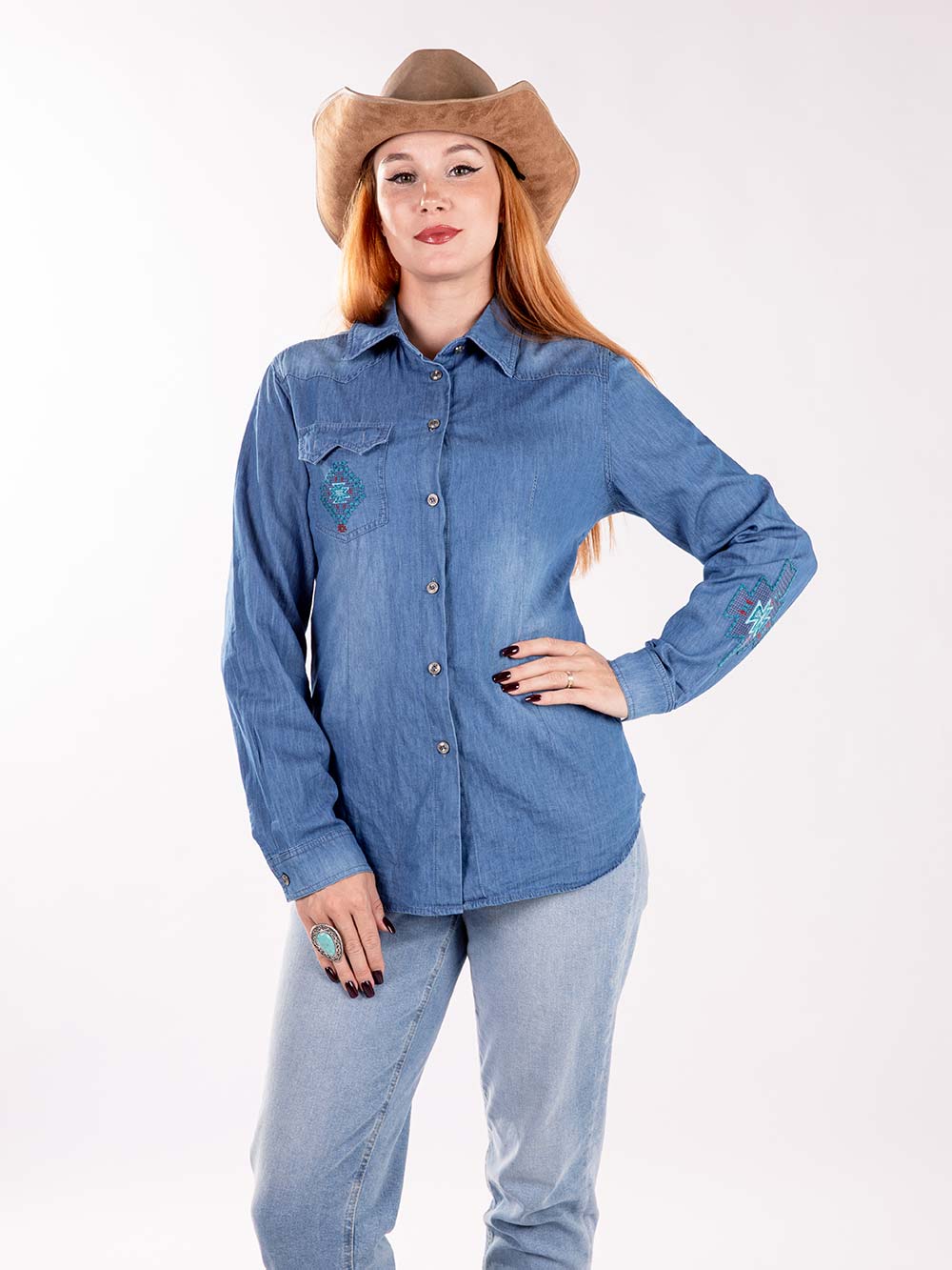 Montana West Embroidered Aztec Long Sleeve Chambray Shirt - Cowgirl Wear