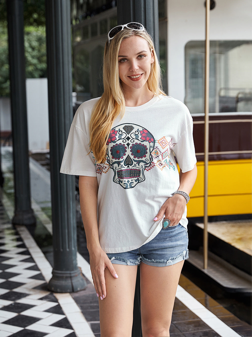 Sugar Skull And Aztec With Rhinestones Women's Short Sleeve T-Shirt - White  / S