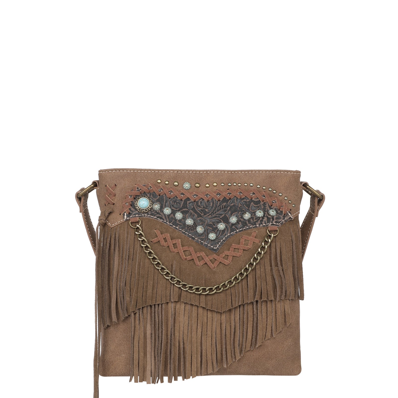 Concealed Carry Tan Turquoise Stone Concho Fringe Hobo