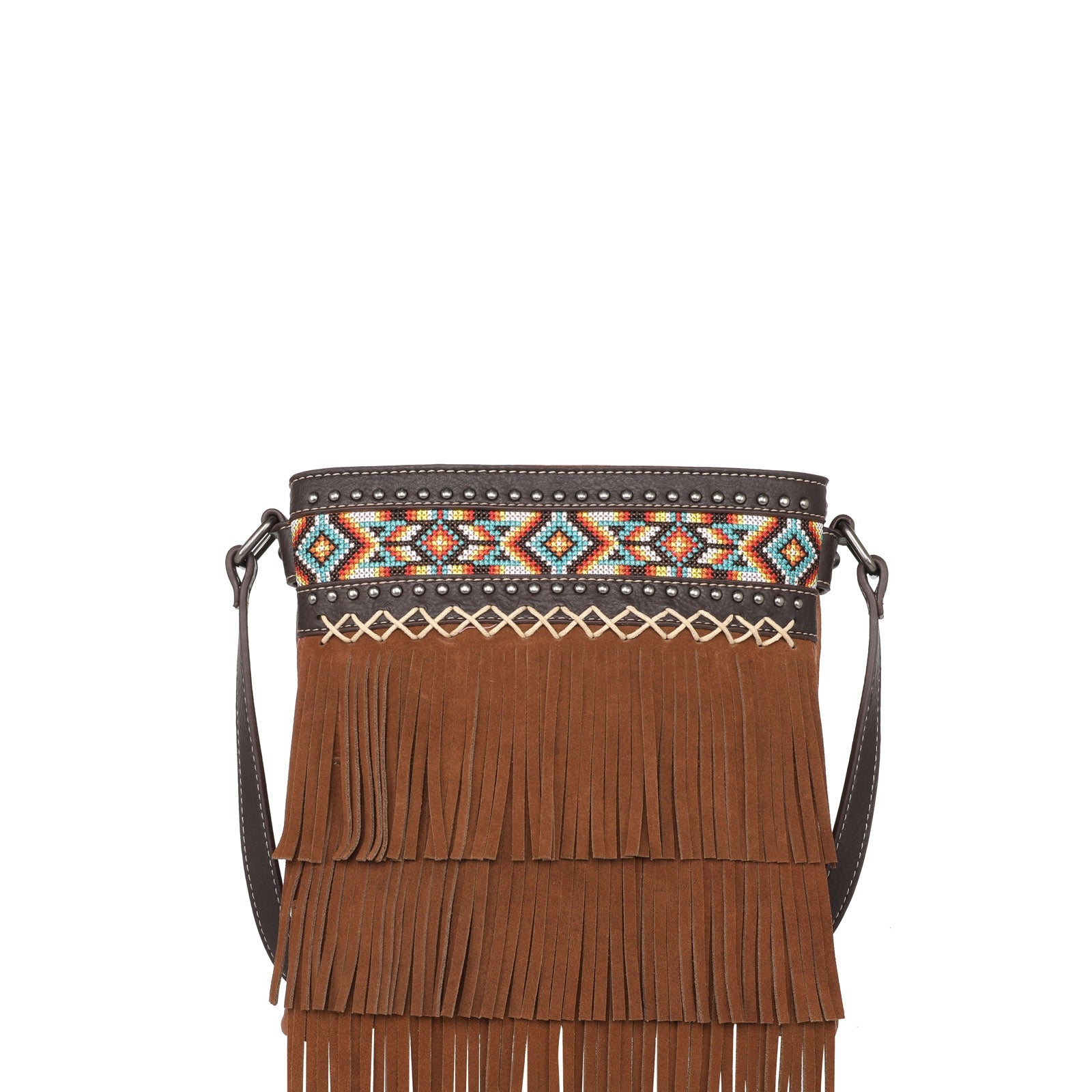 Western Leather Crossbody Bag With Leather Fringe Aztec 