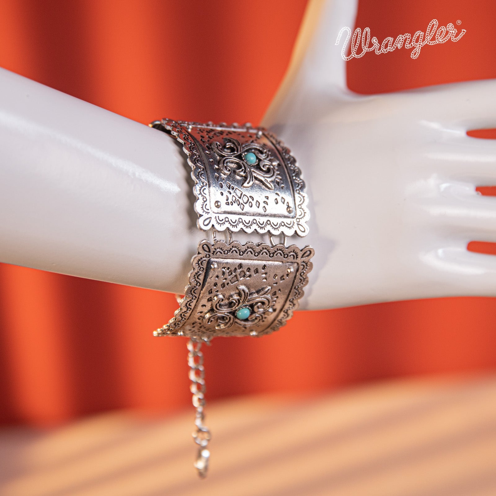 Wrangler  Silver Chain Concho Cuff Bracelet Turquoise Stone - Cowgirl Wear