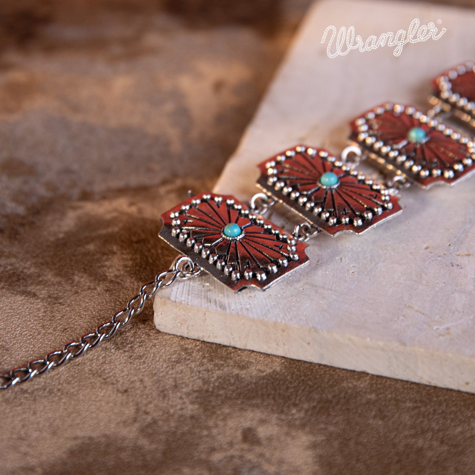 Wrangler  Silver  Chain Concho Cuff Bracelet Turquoise  Stone - Cowgirl Wear