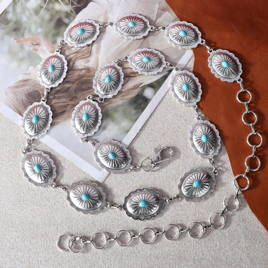 Rustic Couture Etched Silver/Bronze Oval Stone Centered Concho Link Chain Belt - Cowgirl Wear