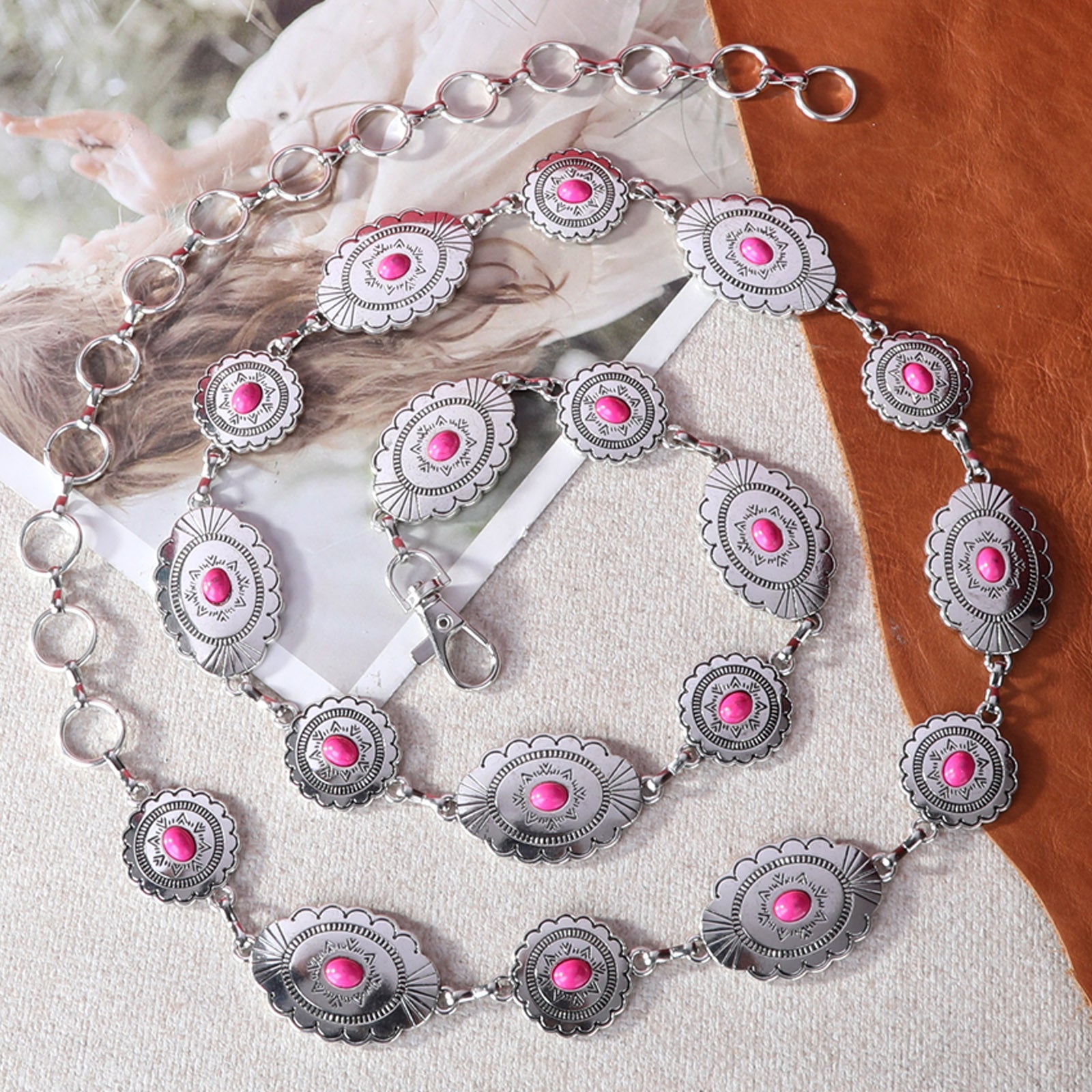 Rustic Couture Etched Silver/Bronze Oval Stone Centered Concho Link Chain Belt - Cowgirl Wear