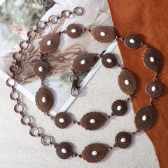 Rustic Couture Etched Silver/Bronze Oval Stone Centered Concho Link Chain Belt - Cowgirl Wear