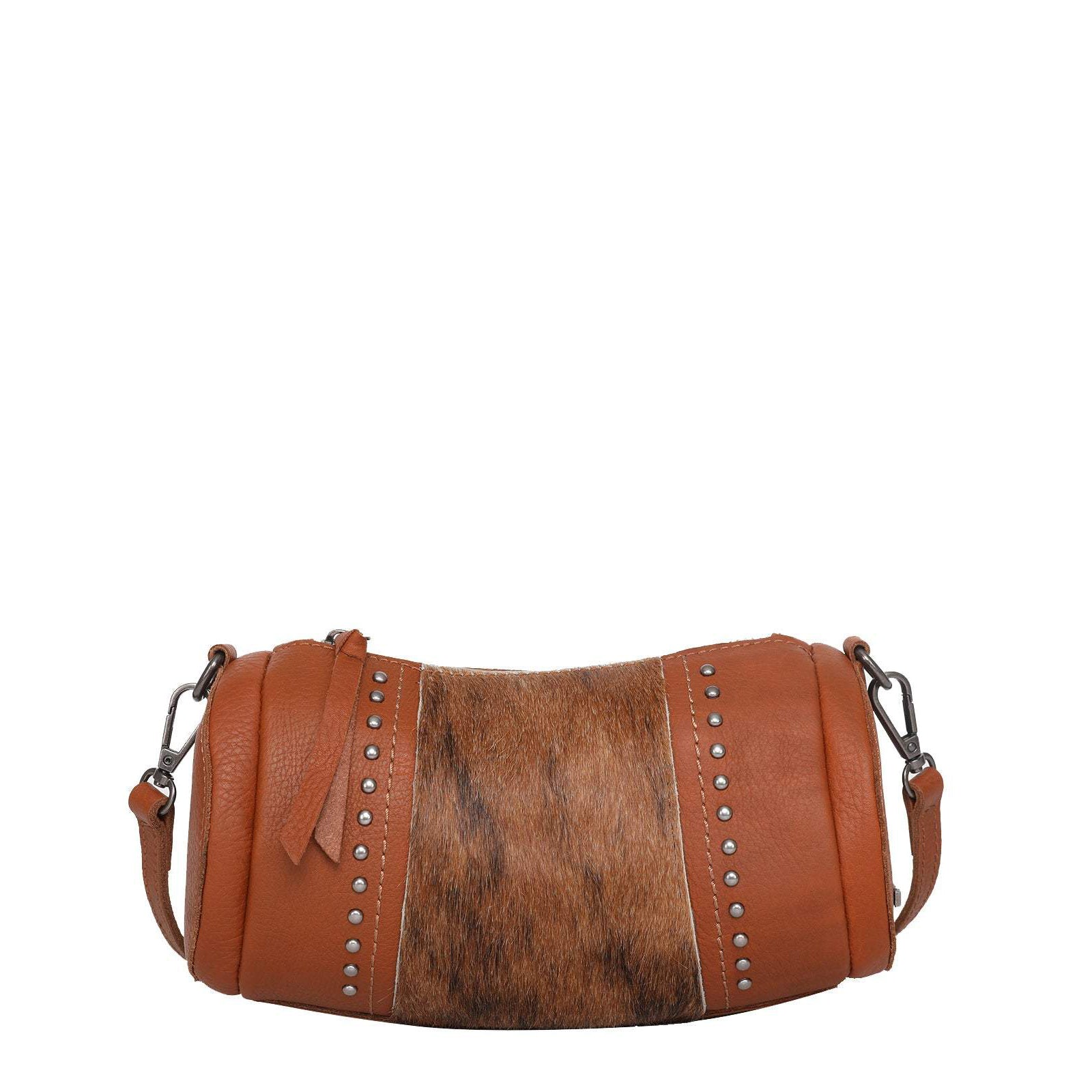 Montana West Genuine Leather Cow-Hide Collection Mini Barrel Bag Brown
