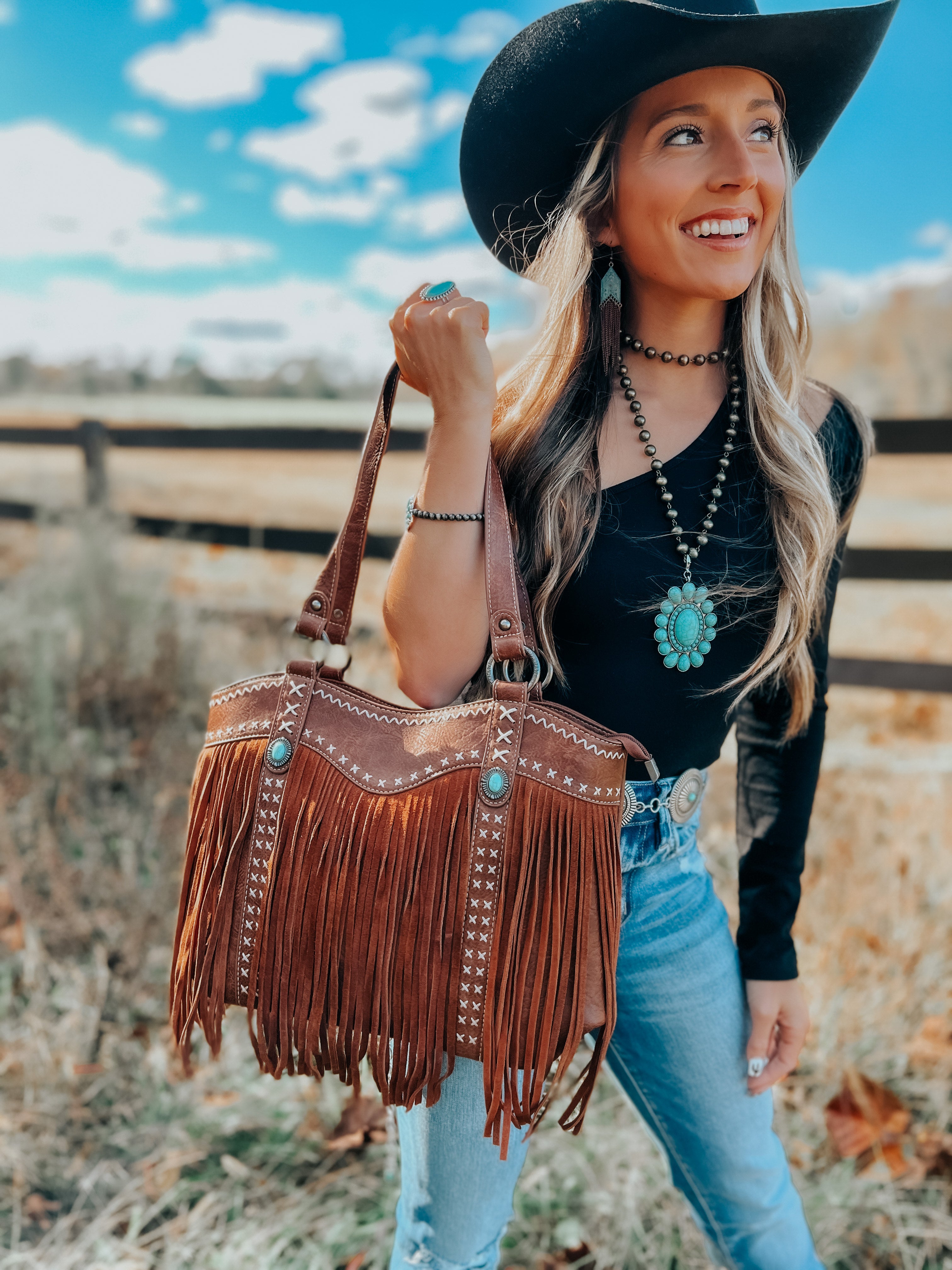 Small Fringe Crossbody - Brown and White Cowhide & Turquoise Rose Leather —  Farmericana Designs