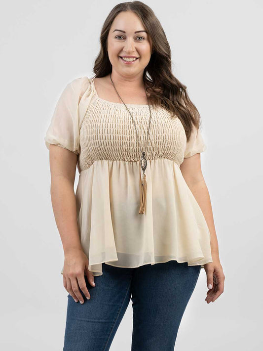 Plus Size Women Pearl Chiffon Ruched Tiered Short Puff Sleeve Top