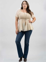 Plus Size Women Pearl Chiffon Ruched Tiered Short Puff Sleeve Top