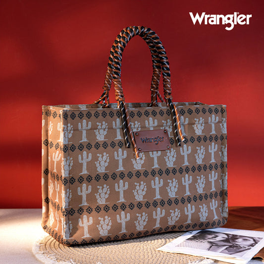 WG284-8119B Wrangler Cactus Oversized Tote Bag Braided Handles Weekender Bag- Coffee