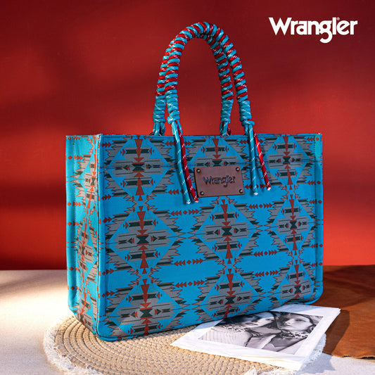 WG284-8119C Wrangler Aztec Oversized Tote Bag Braided Handles Weekender Bag - Turquoise