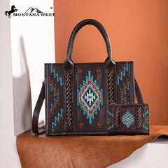 Montana West Aztec Embroidered Distressed Leather Tote Bag Set