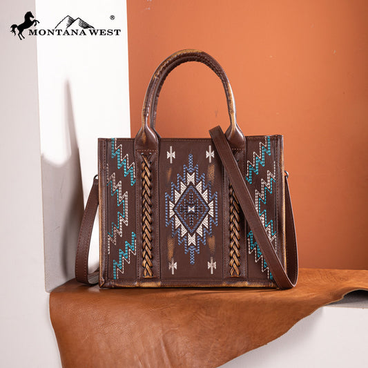 Montana West Aztec Embroidered Distressed Leather Tote Bag Set