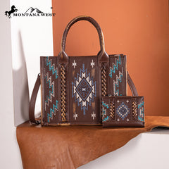 Montana West Aztec Embroidered Distressed Leather Tote Bag Set