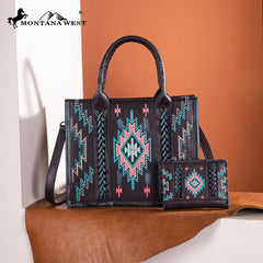 Montana West Aztec Embroidered Distressed Leather Tote Bag Set