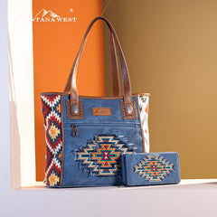 Montana West Embroidered Aztec Denim Tote Set