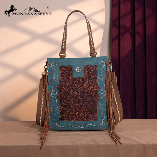 Montana West Genuine Leather Tooled Tote Bag