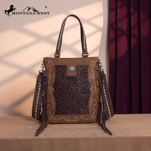 Montana West Genuine Leather Tooled Tote Bag