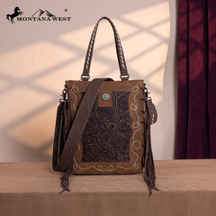 Montana West Genuine Leather Tooled Tote Bag