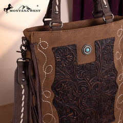 Montana West Genuine Leather Tooled Tote Bag