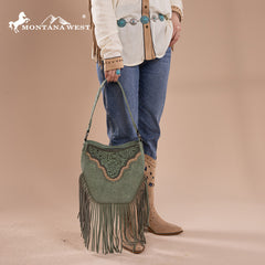 Montana West Floral Tooled Fringe Shoulder Bag