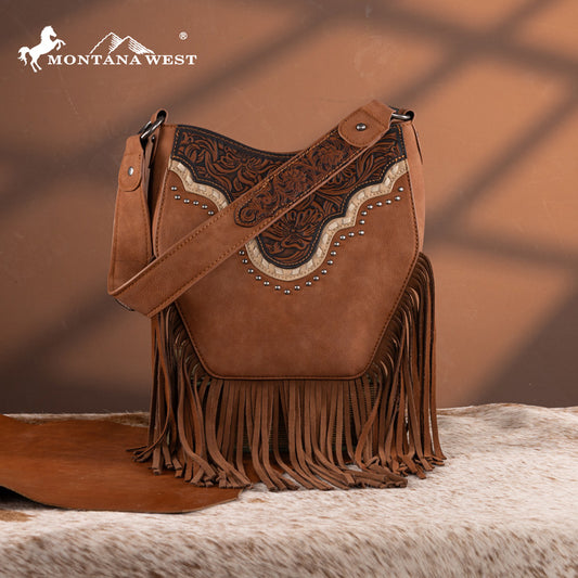 Montana West Floral Tooled Fringe Shoulder Bag