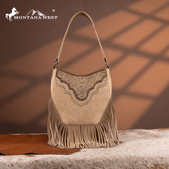 Montana West Floral Tooled Fringe Shoulder Bag